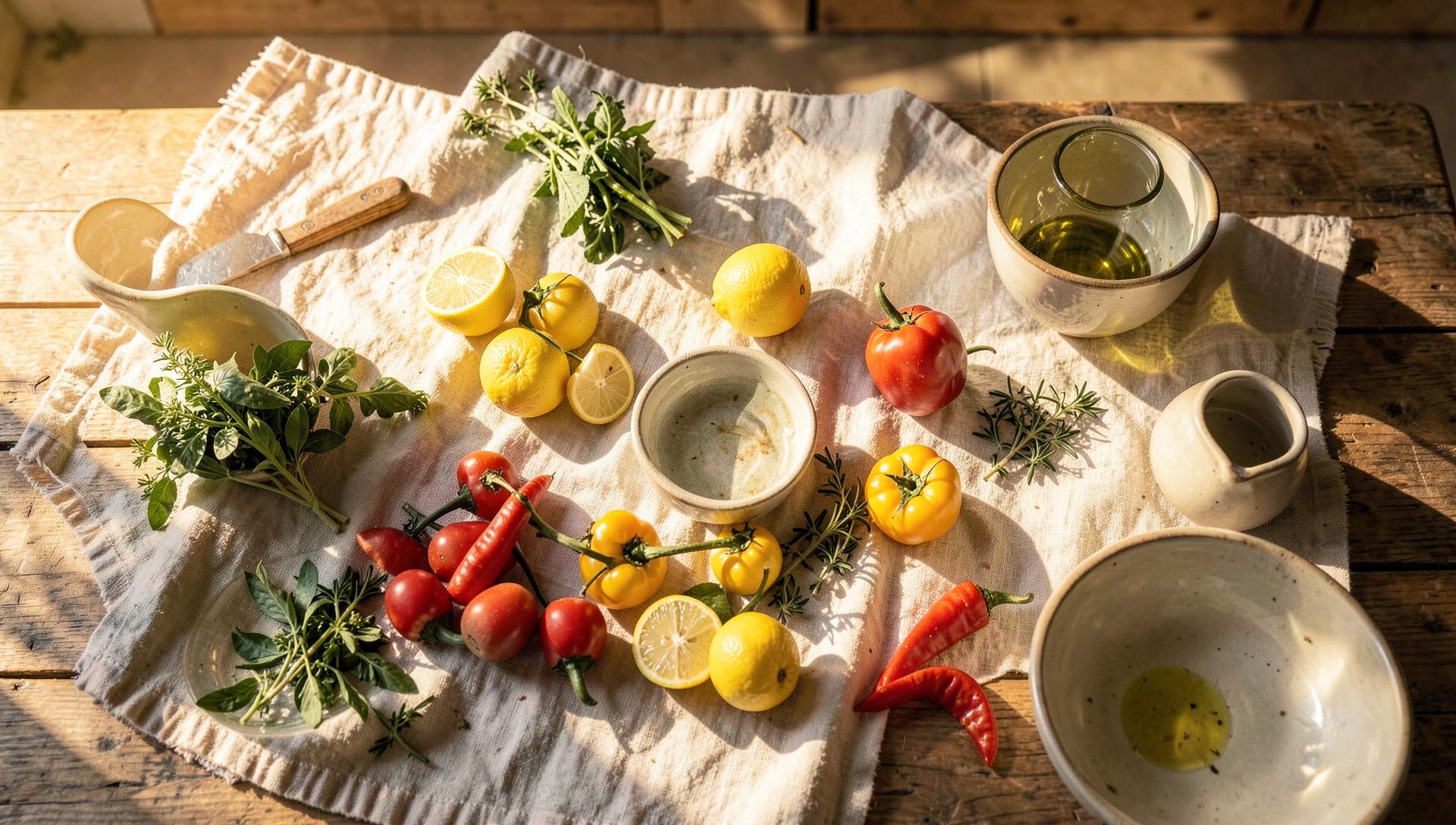 Table de cuisine baignée de lumière avec légumes, citrons et herbes fraîches