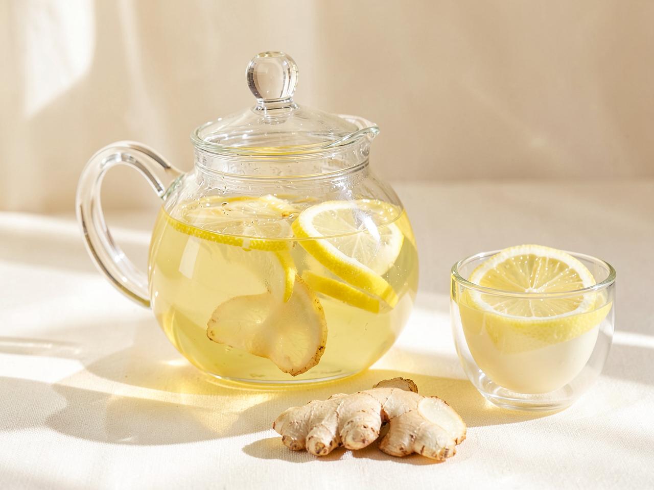 Théière en verre avec gingembre frais et rondelles de citron