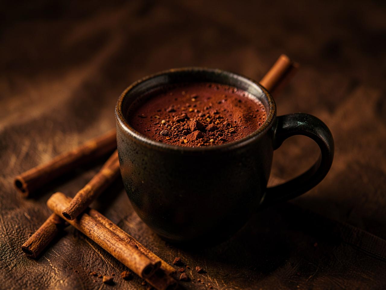 Tasse sombre de cacao chaud avec des bâtons de cannelle