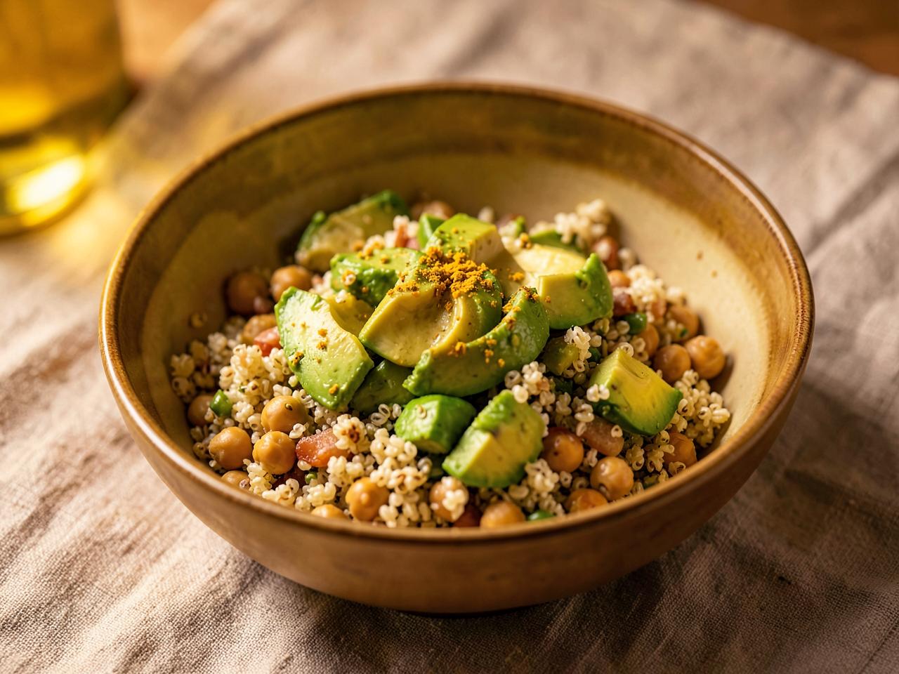 Bol de quinoa, avocat, pois chiches et curcuma sur une nappe de lin